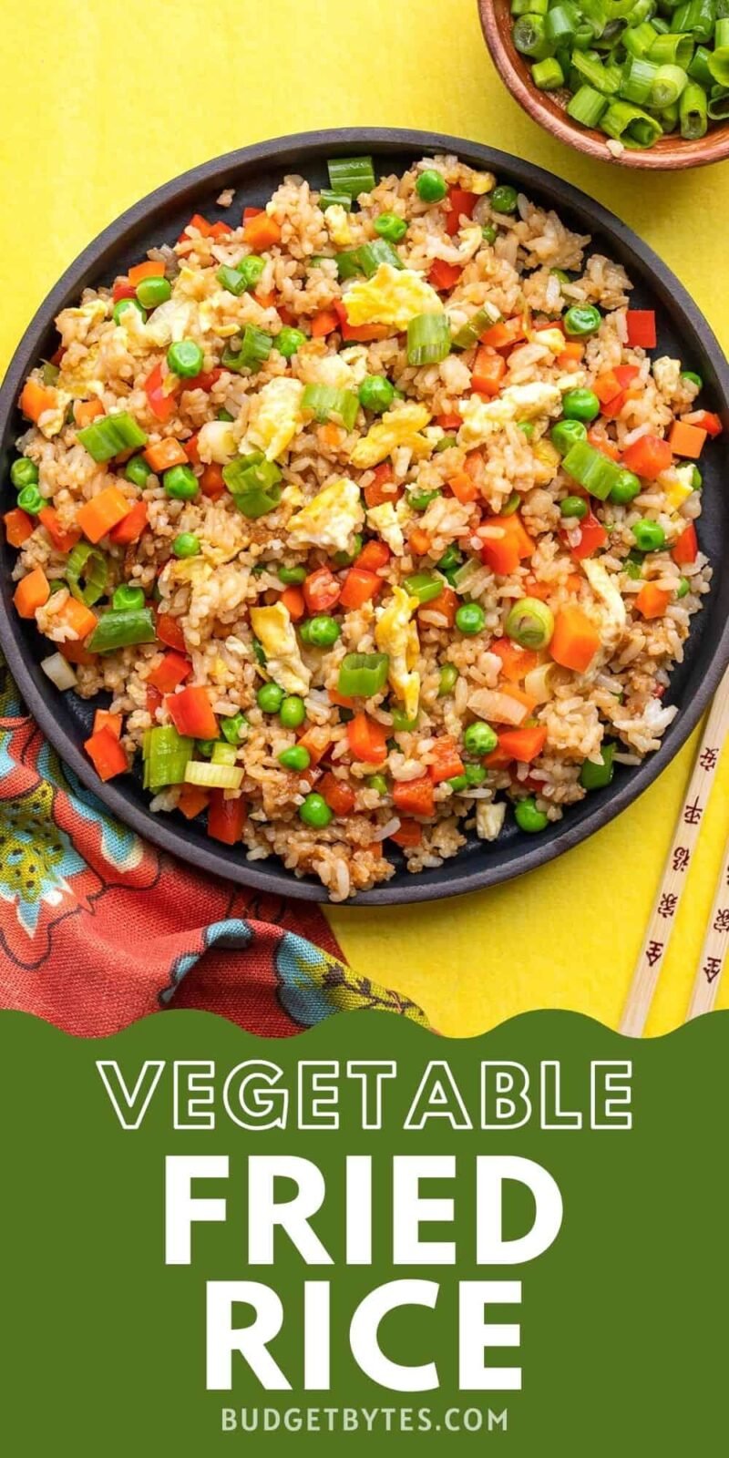 overhead view of a plate full of vegetable fried rice.