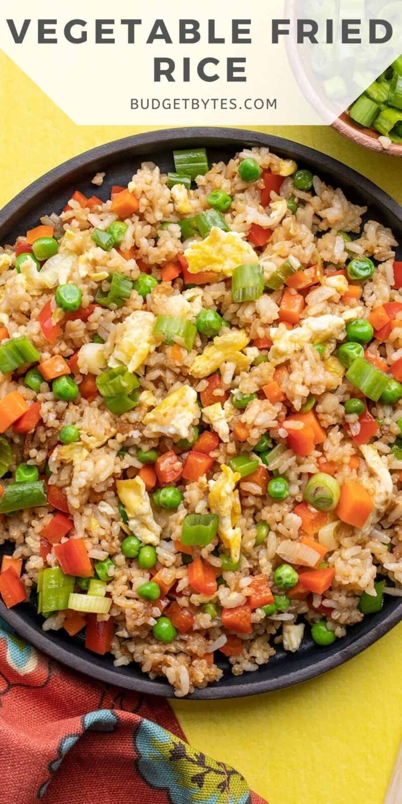 close up overhead view of a plate full of vegetable fried rice.