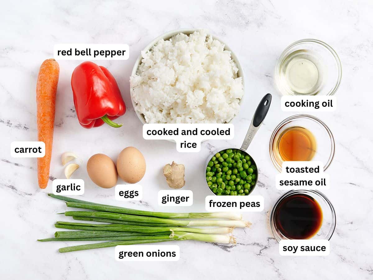 Ingredients for vegetable fried rice with labels.