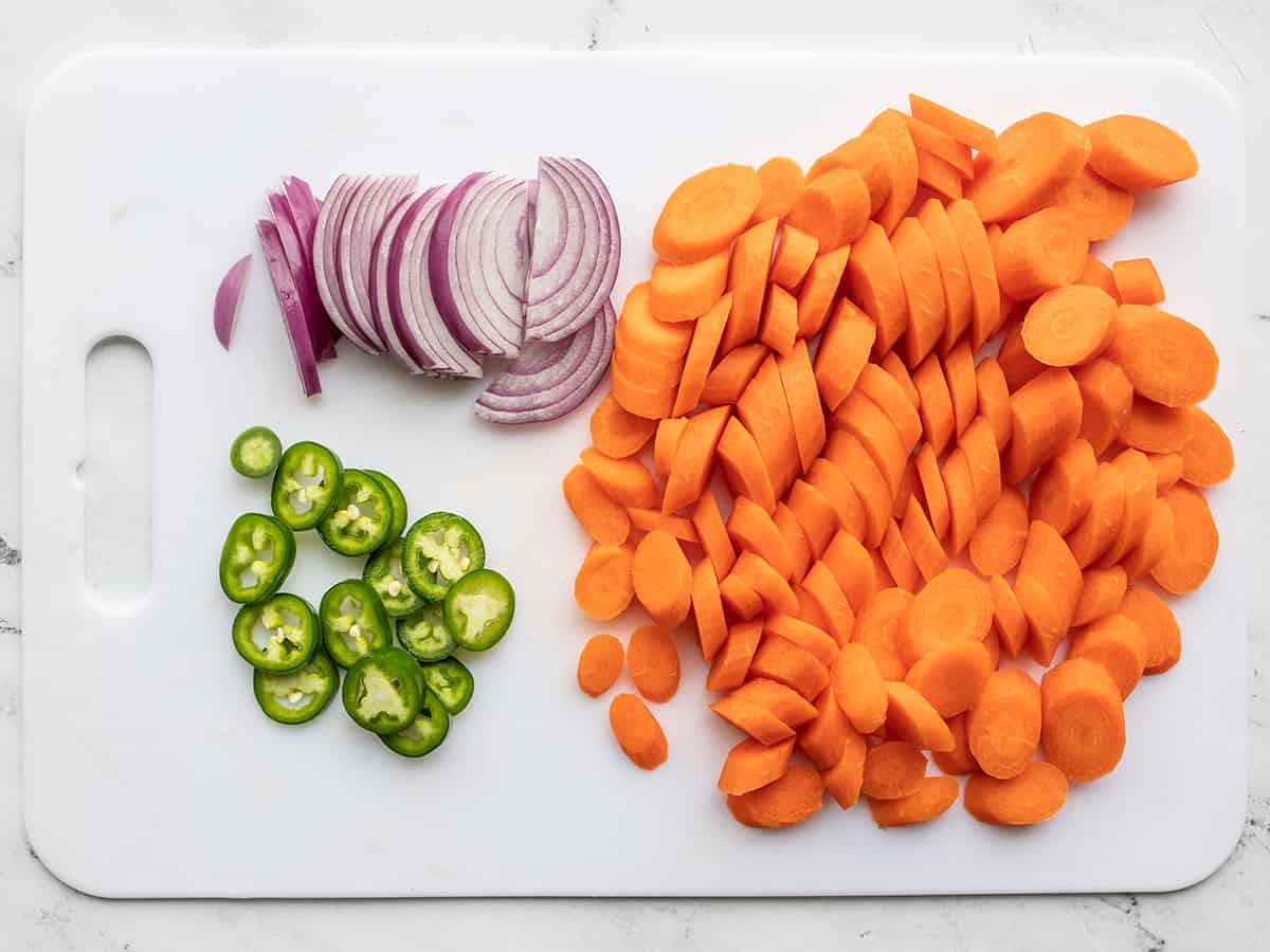 Sliced carrots, onion, and jalapeño.