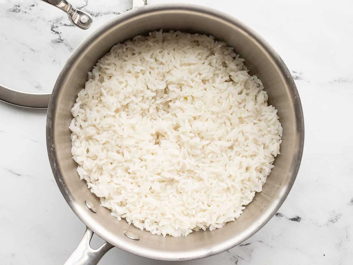 Boiled rice in a saucepan.