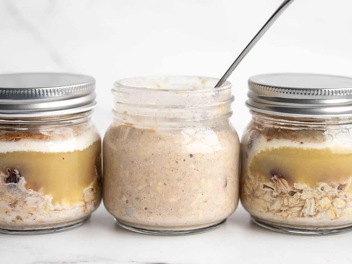 Overnight oats after soaking, one jar stirred.