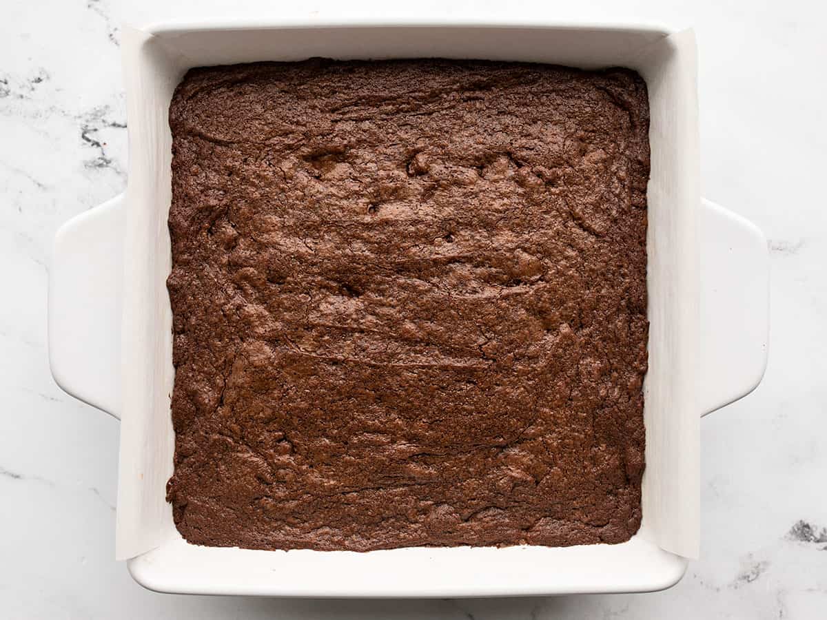Baked brownies in the baking dish.