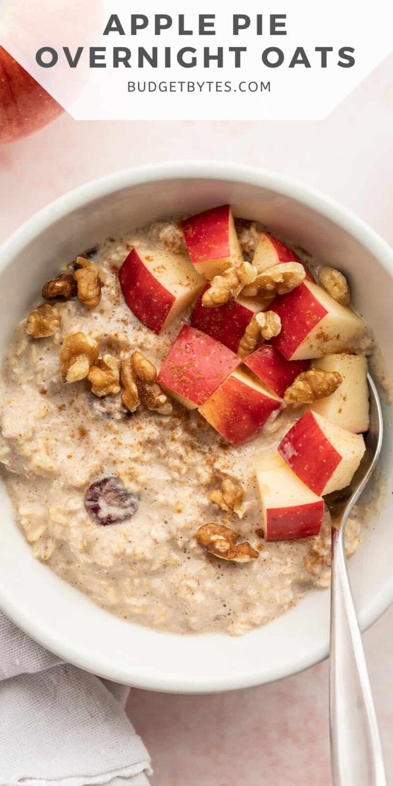 Ovehread view of a bowl of apple pie overnight oats