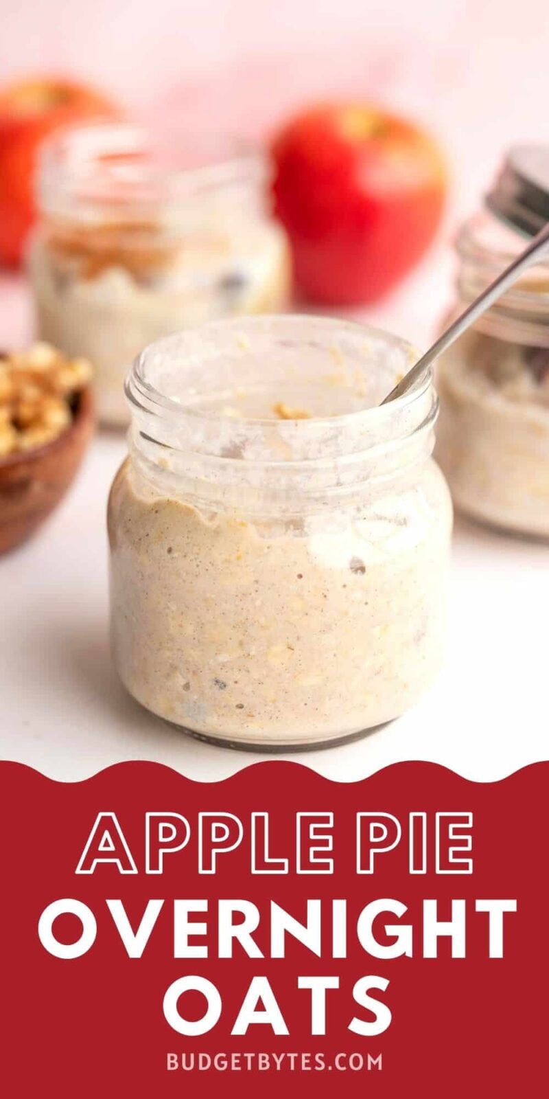 side view of a jar full of apple pie overnight oats.