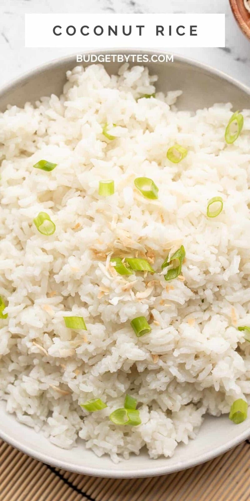 Overhead view of a plate full of coconut rice, title text at the top.