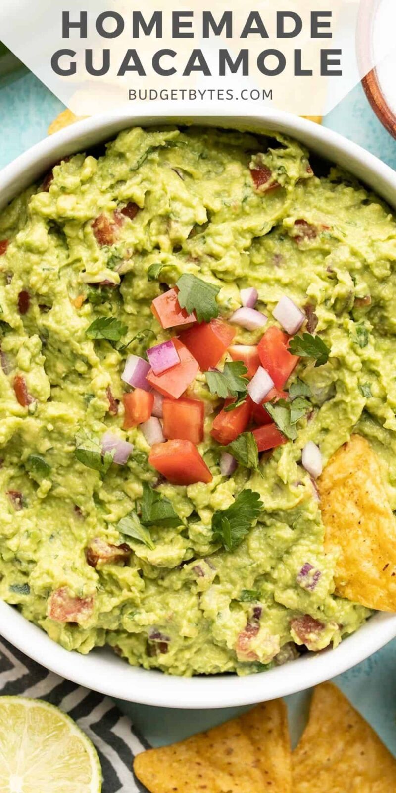 close up of a bowl of guacamole with title text at the top.