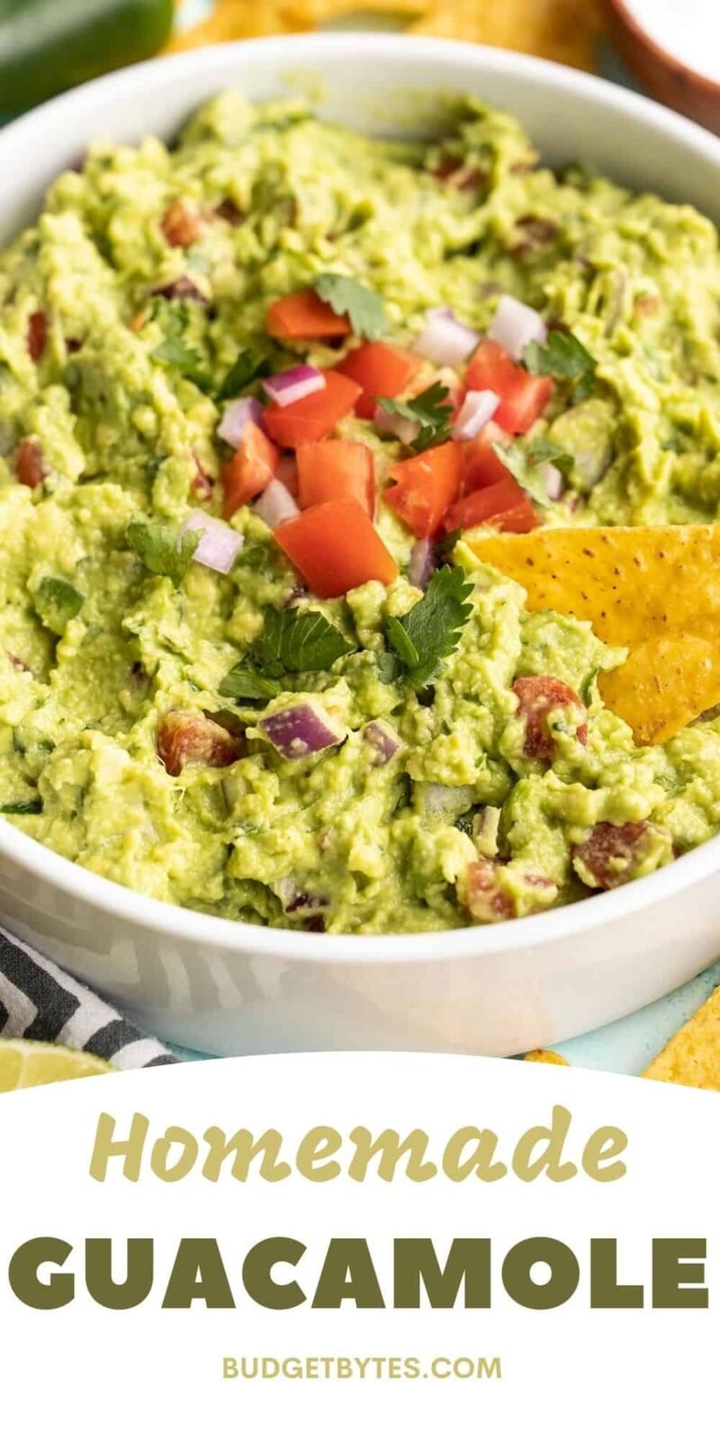 Side view of a chip dipping into a bowl of guacamole, title text at the bottom.