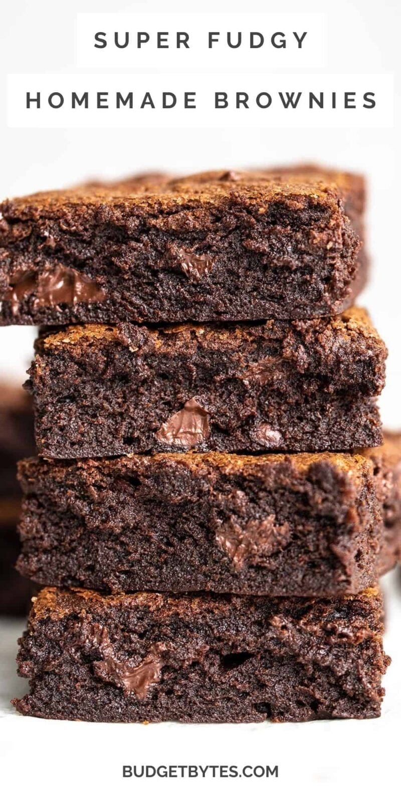 A stack of homemade brownies with title text at the top.