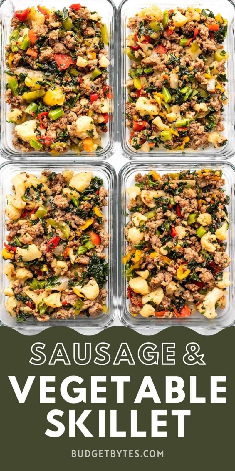 sausage and vegetable skillet in glass meal prep containers.