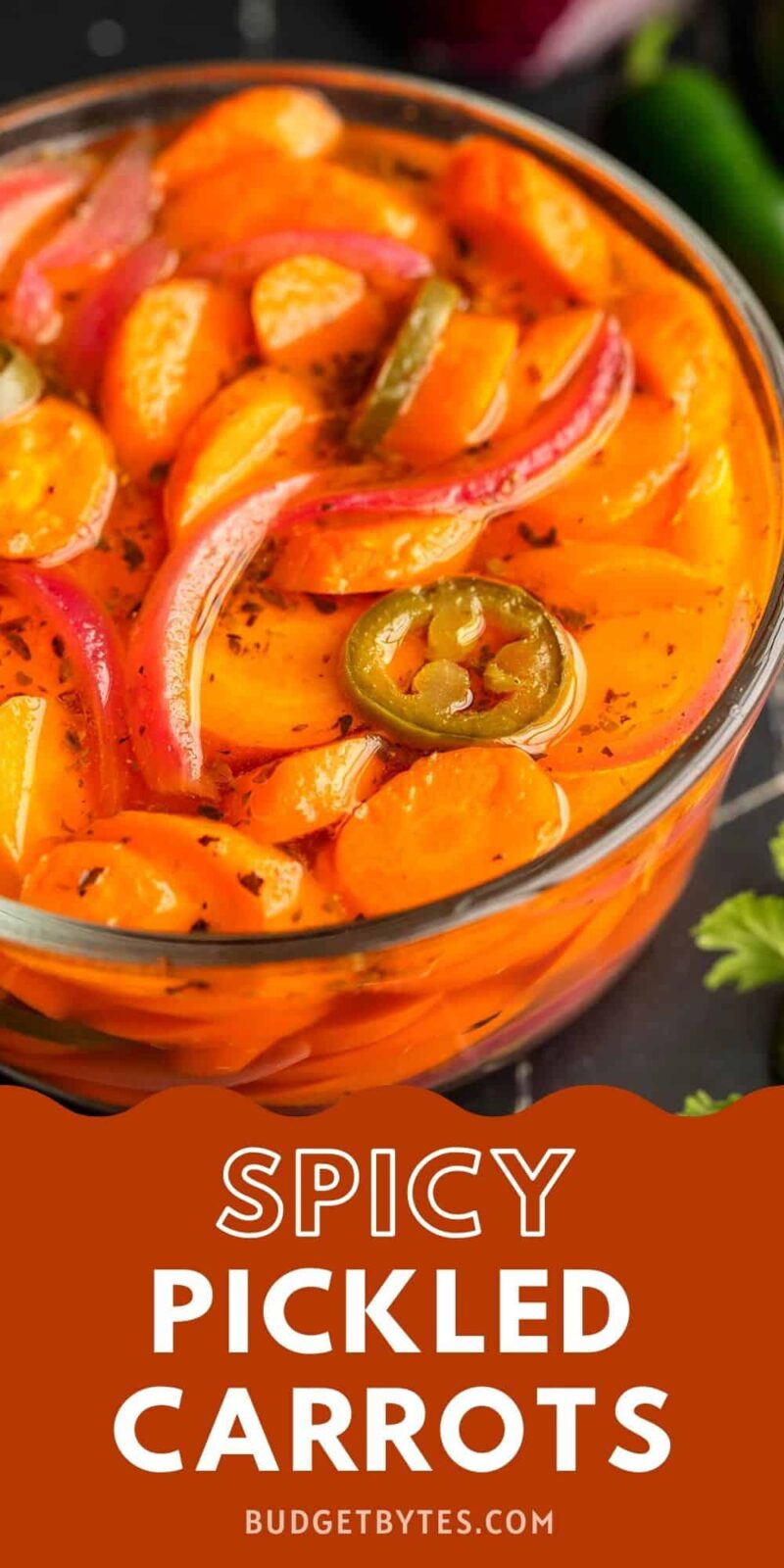 side view of a bowl of spicy pickled carrots, title text at the bottom.