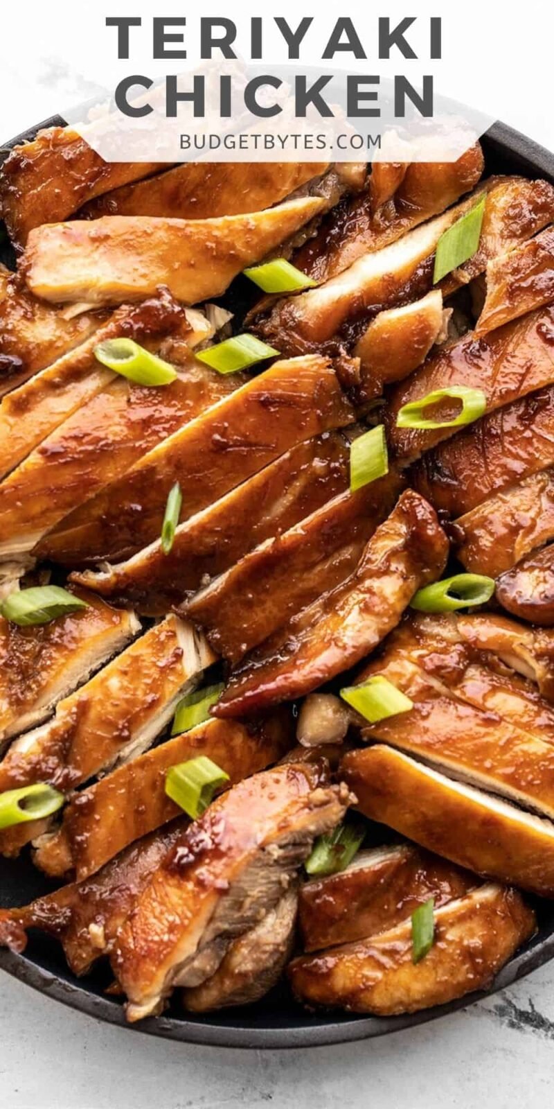 Sliced ​​teriyaki chicken on a plate, title text above.