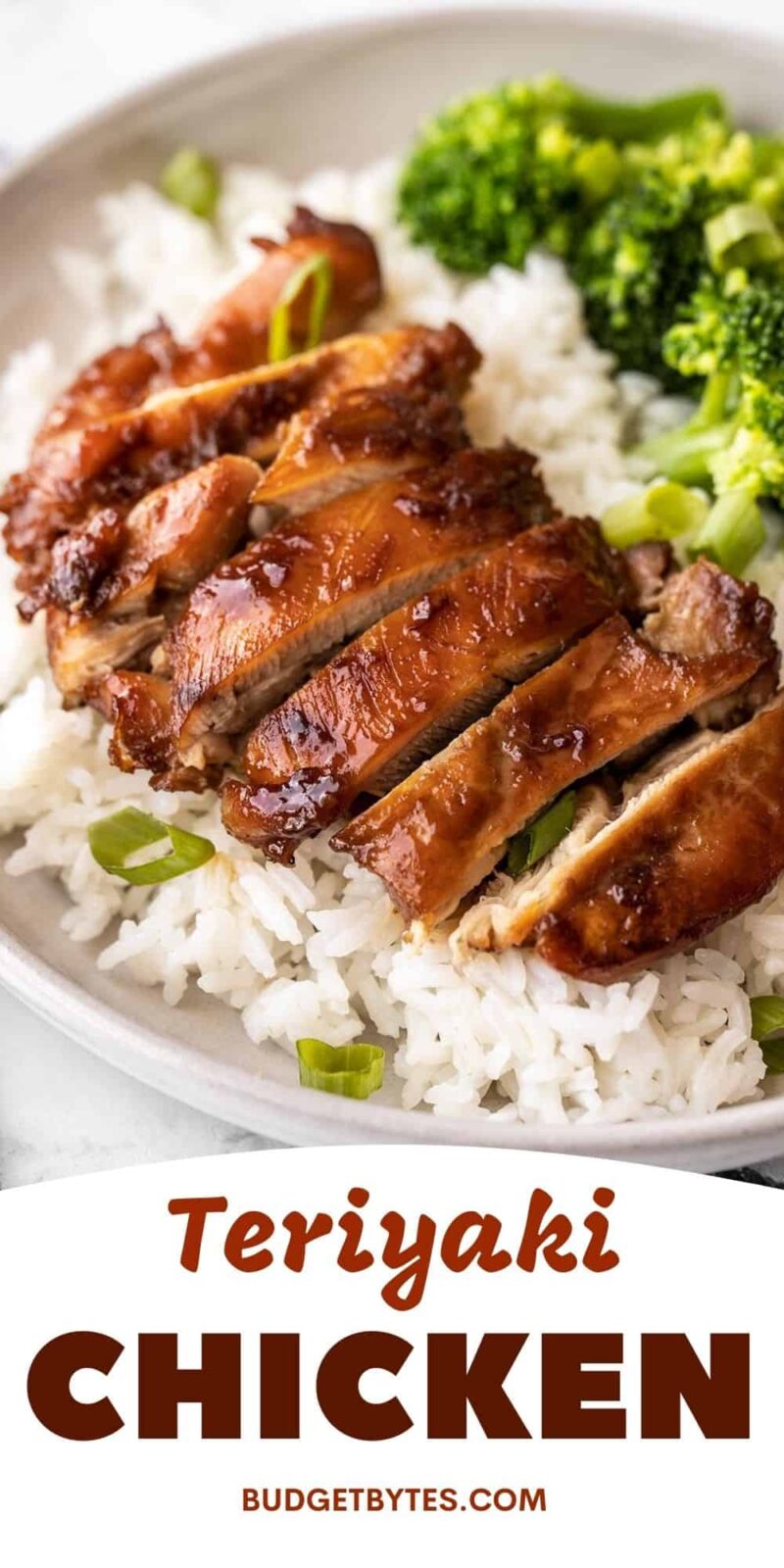Close-up view of a teriyaki chicken sliced ​​on a rice bed with broccoli.