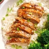 Overhead view of sliced teriyaki chicken on a bed on rice on a plate.