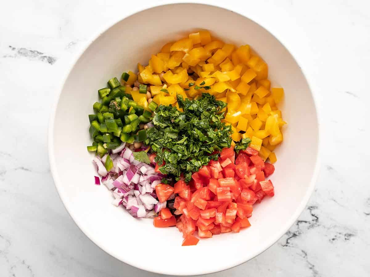 Chopped vegetables in the bowl with the beans.