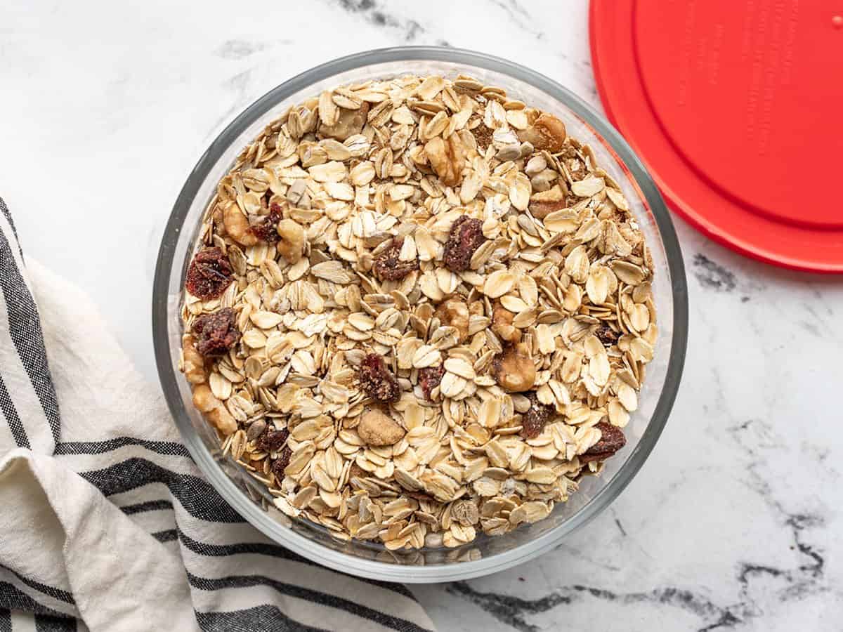 Muesli in a food storage container.