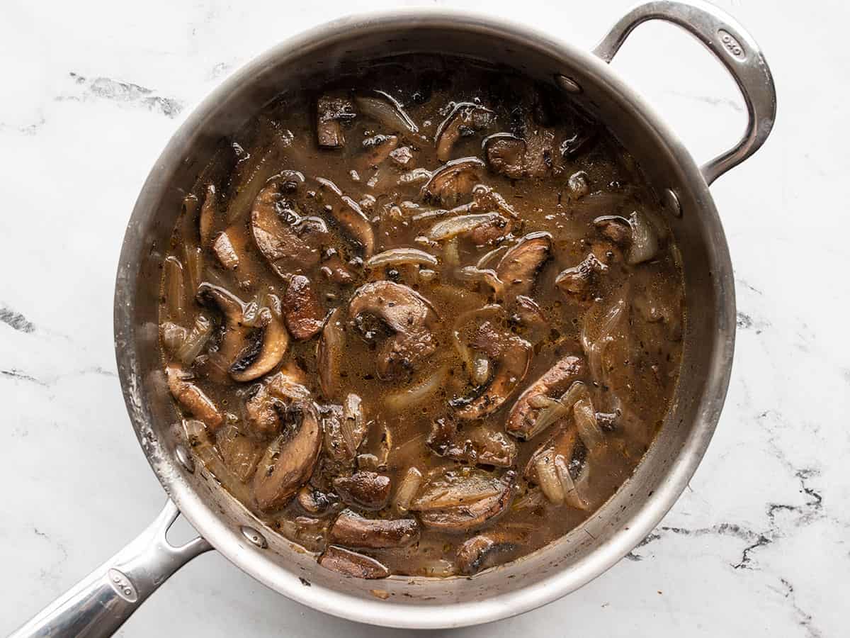 Finished mushrooms in au jus.