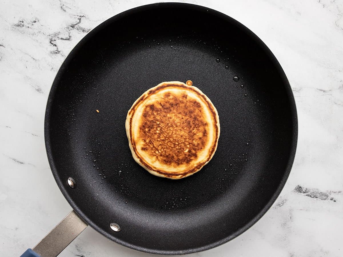 Inverted pancake in the pan.