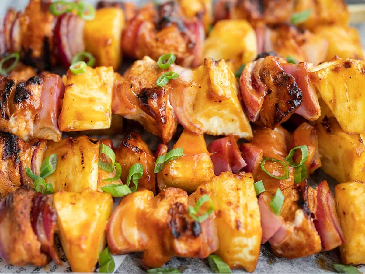 Close up side view of BBQ Chicken Kebabs.