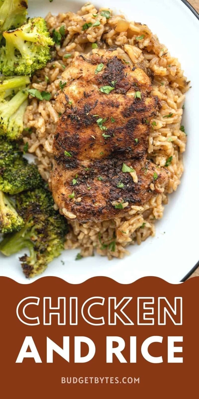 Chicken and rice on a plate with roasted broccoli.