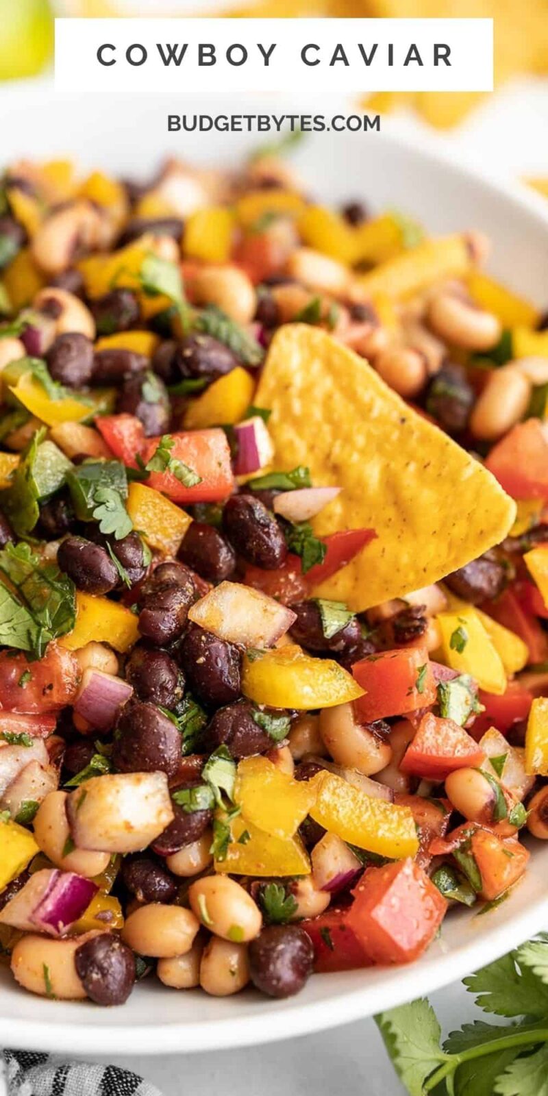 close up side view of a bowl of cowboy caviar with a chip.