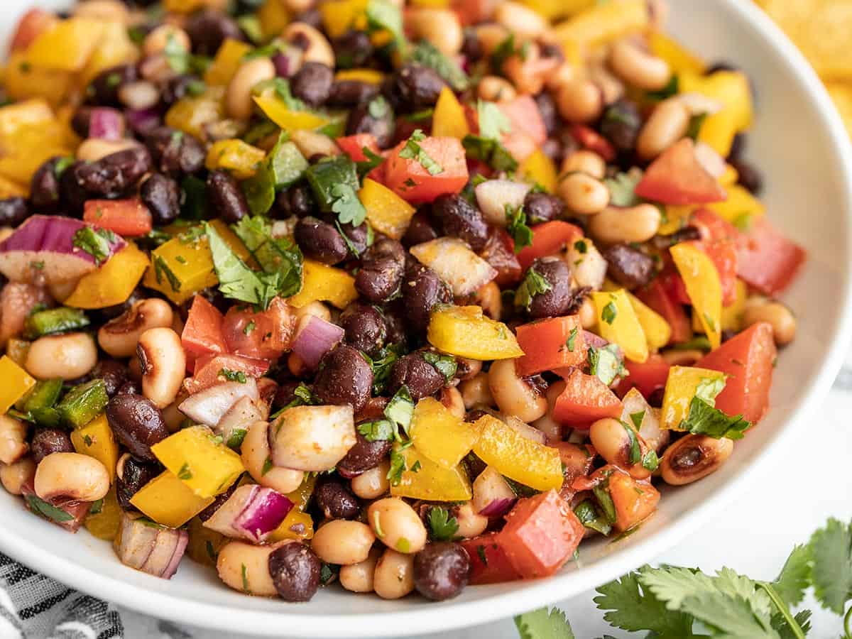 close up side view of cowboy caviar in a bowl.