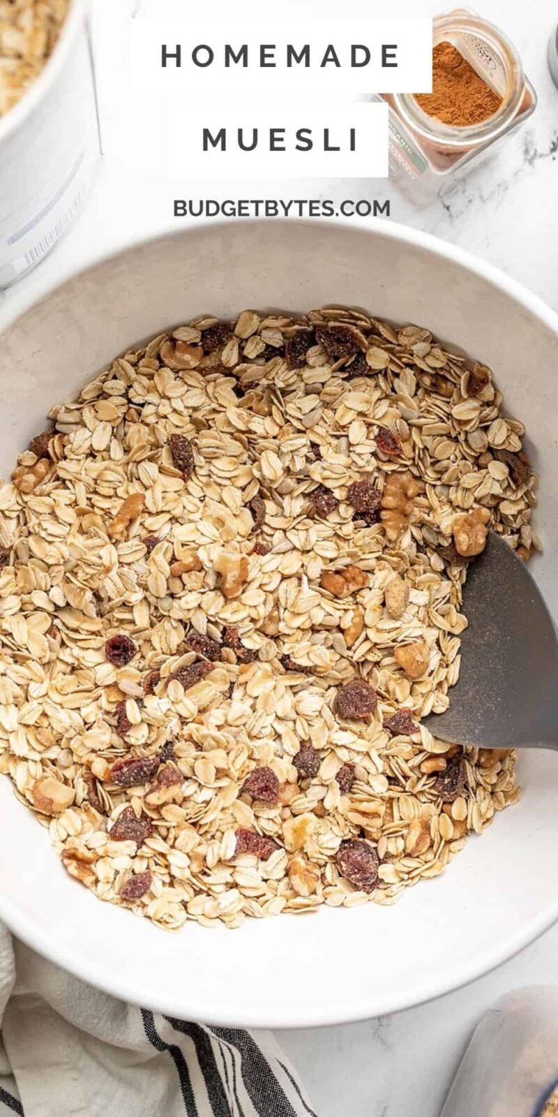 Close up overhead view of a bowl of muesli.