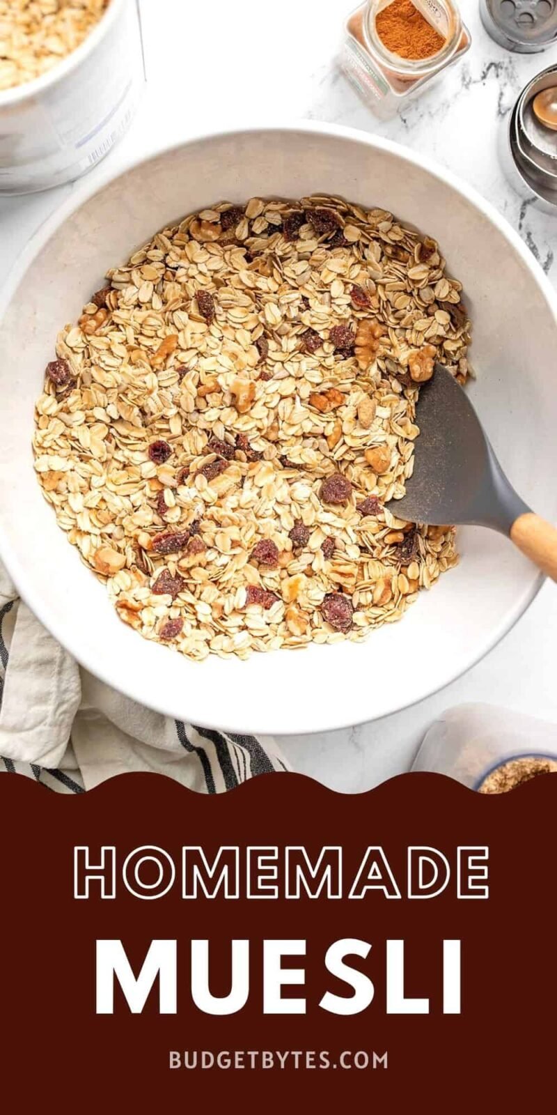 Overhead view of a bowl of muesli.