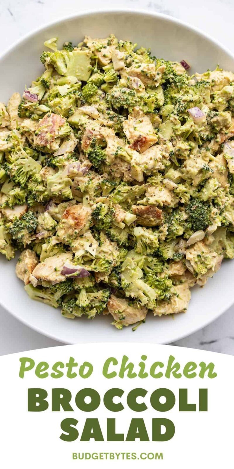 Overhead view of Pesto Chicken and Broccoli Salad