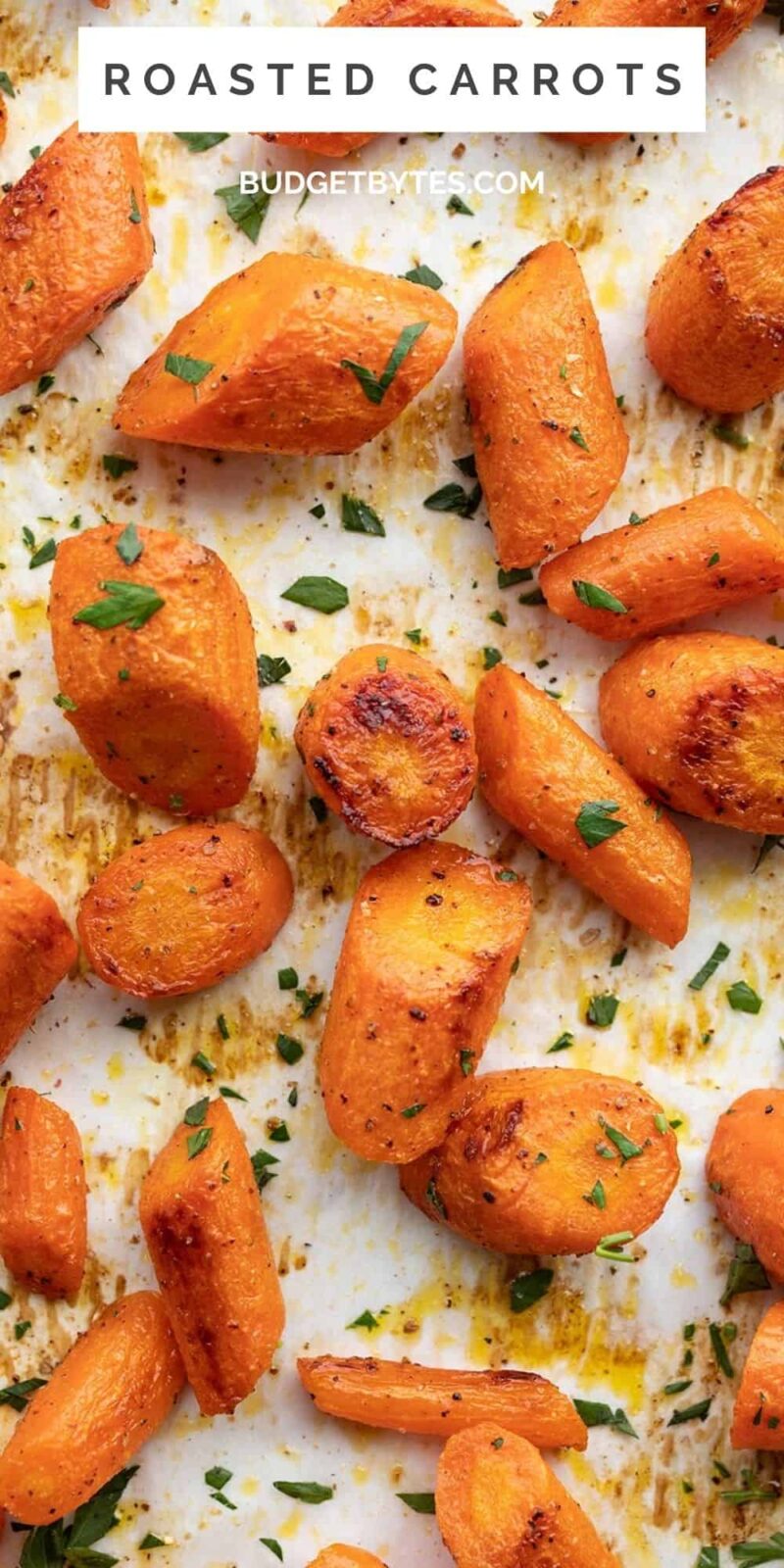 Roasted carrots on a baking sheet with the title text.
