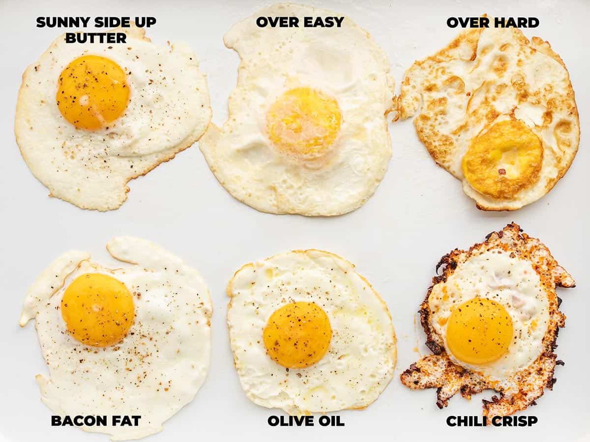 Seis ovos fritos com rótulos para método de cozimento e tipo de gordura. 