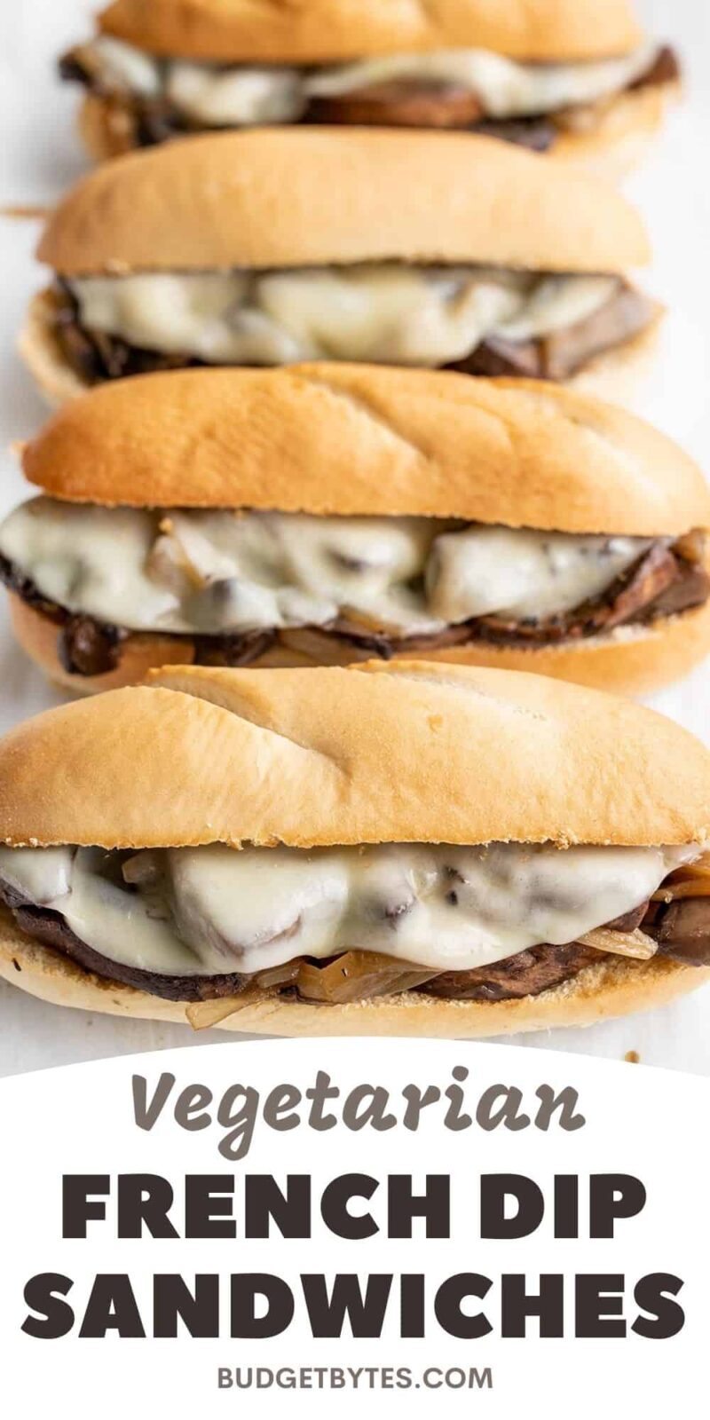 Close up front view of vegetarian French Dip Sandwiches.