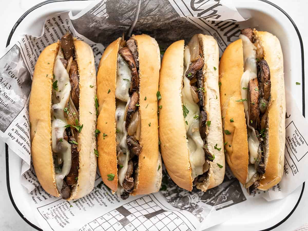 Close up overhead shot of Vegetarian French Dip Sandwiches in a tray.