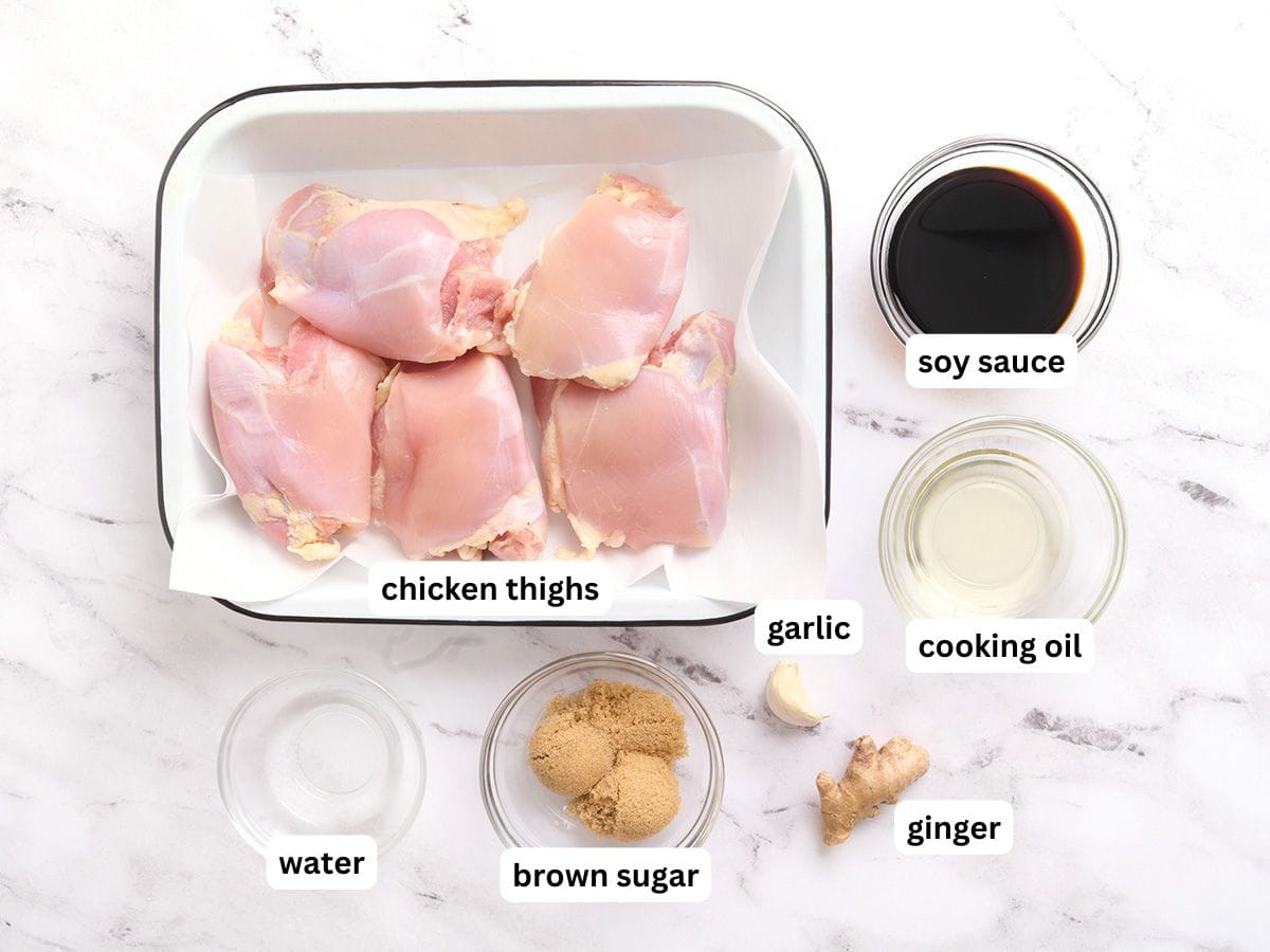 The ingredients for easy teriyaki chicken with labels.
