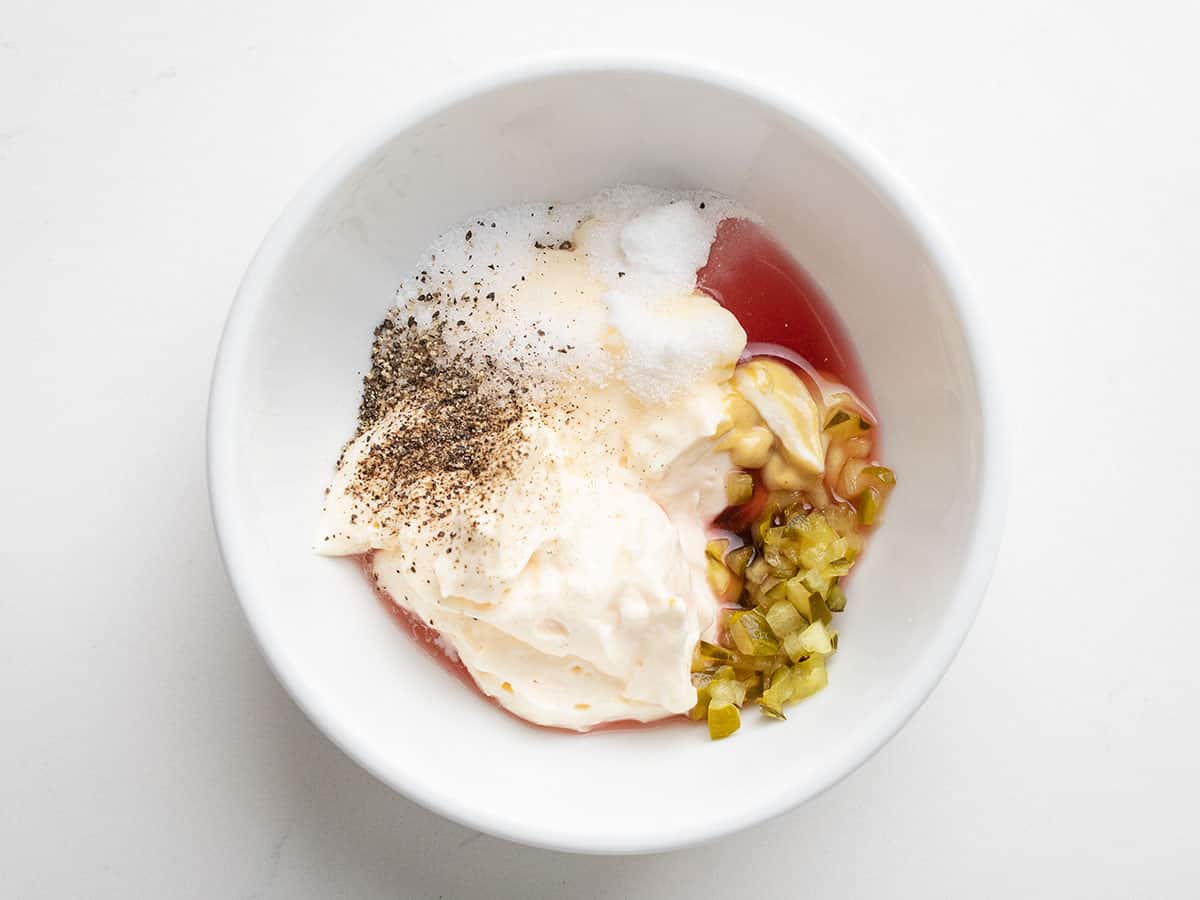 Dressing ingredients in a bowl.