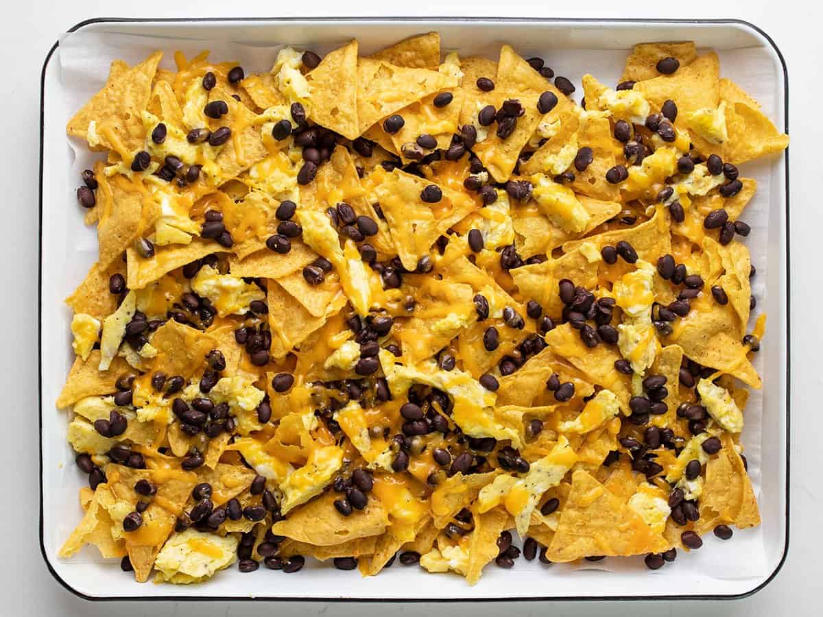 Baked nachos on the sheet pan.