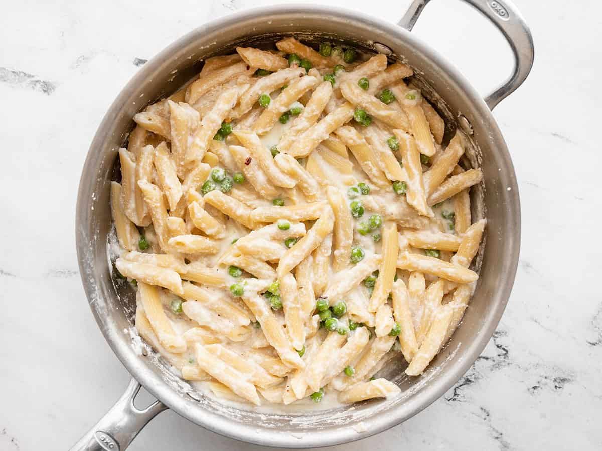 Finished lemon ricotta pasta in the skillet.