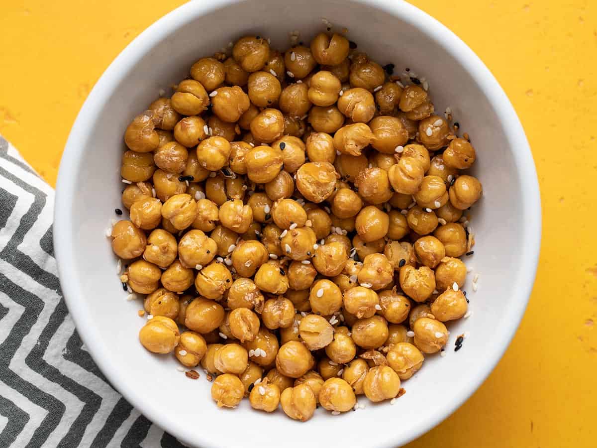 Overhead view of a bowl of air fryer chickpeas.