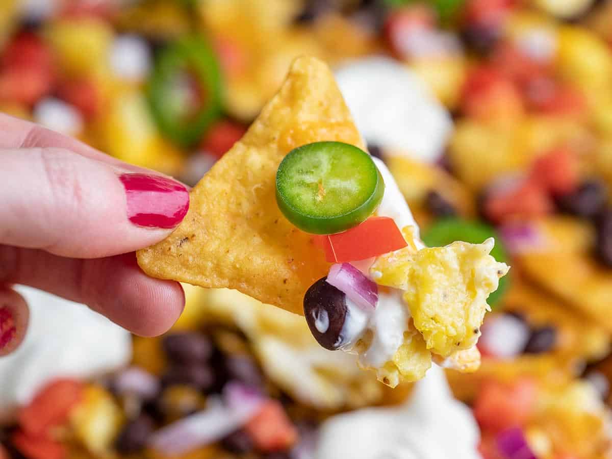 Close up of a chip with toppings.