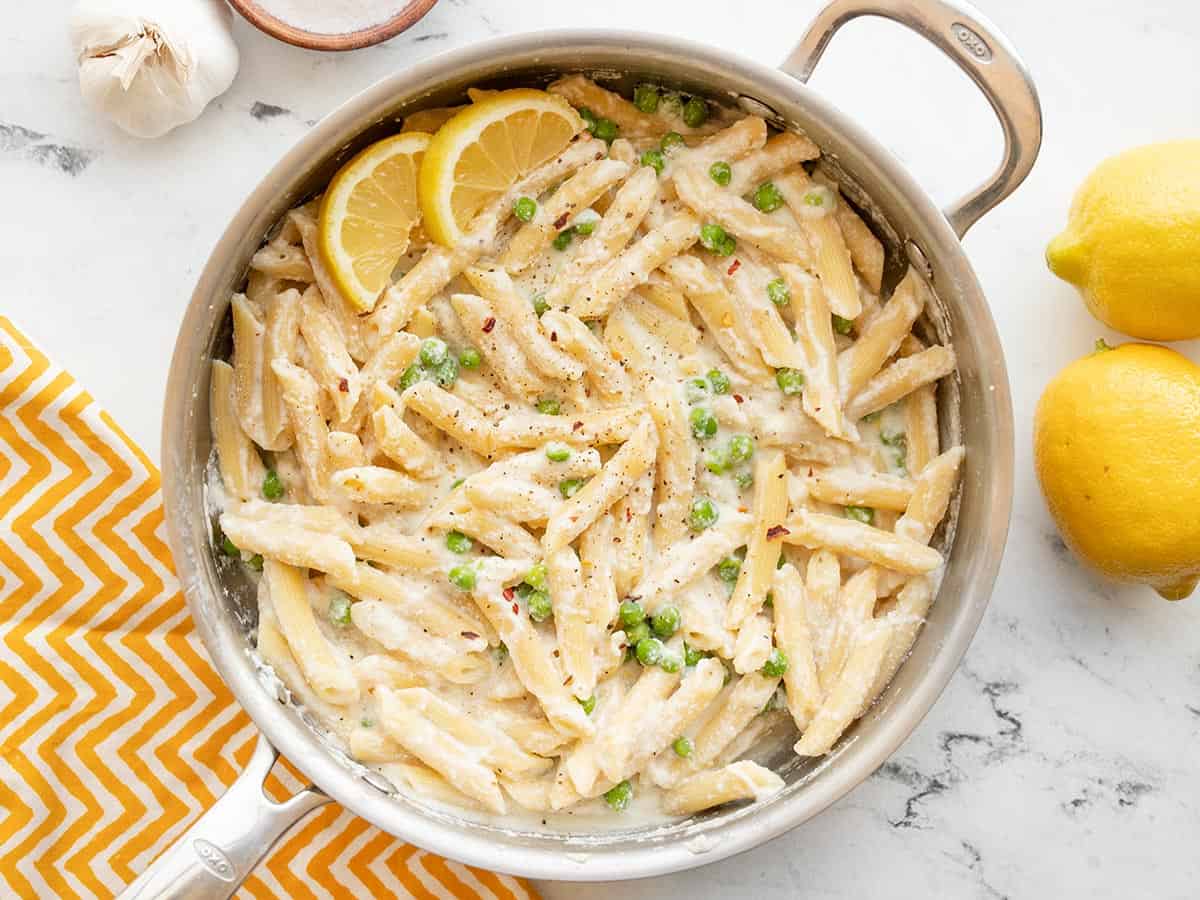 Overhead view of lemon ricotta pasta in a skillet.