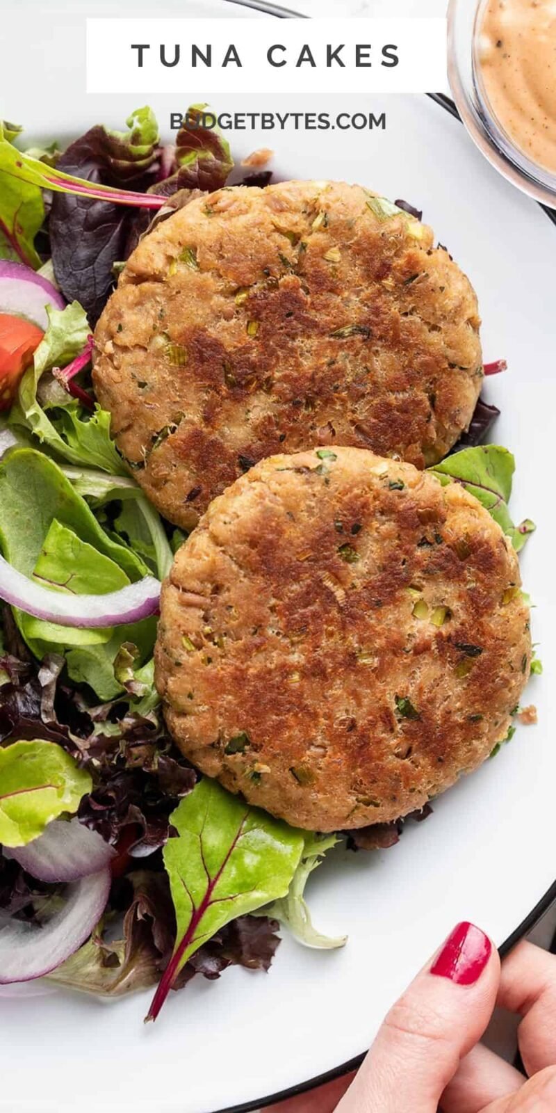 Overhead view of two tuna cakes on a plate with greens.