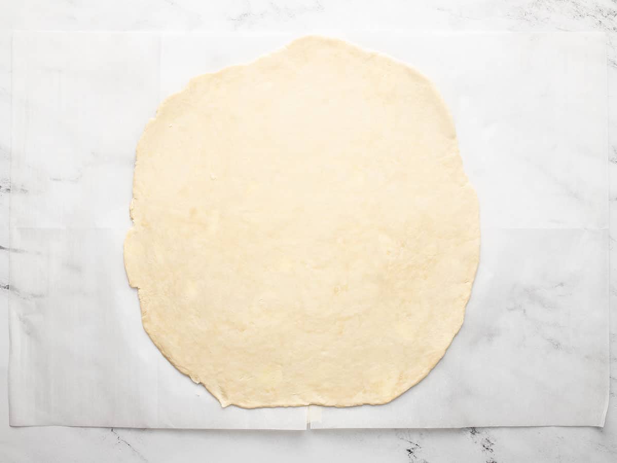 Overhead shot of rolled out pie dough.
