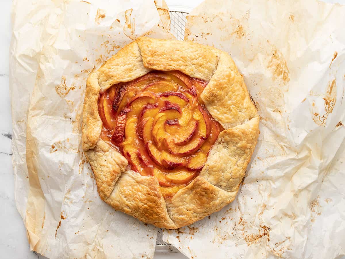 Overhead shot of baked peach galette.