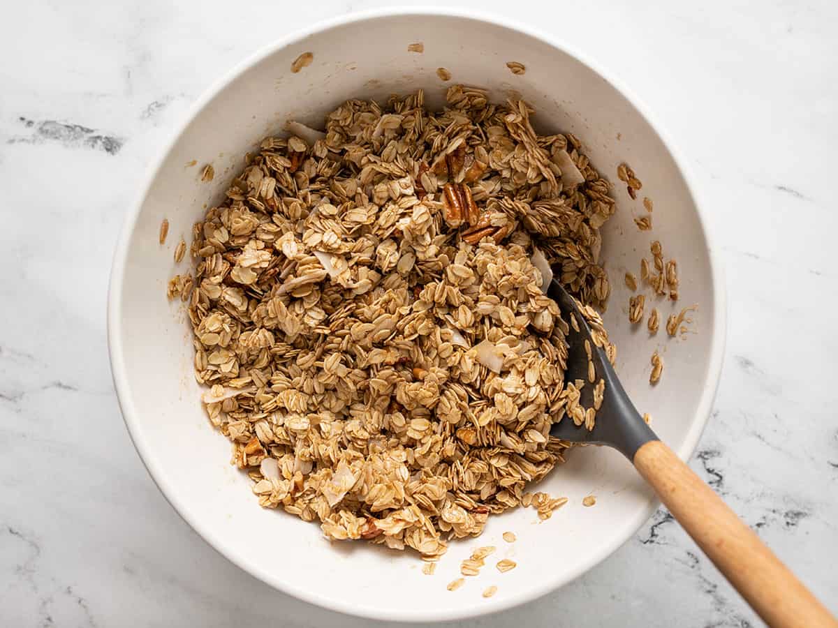 Granola coated in oil and sugar.