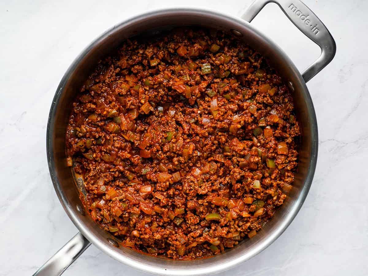 Finished sloppy joes mix in the skillet.