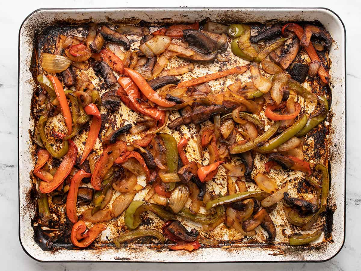 Roasted vegetables on the sheet pan.