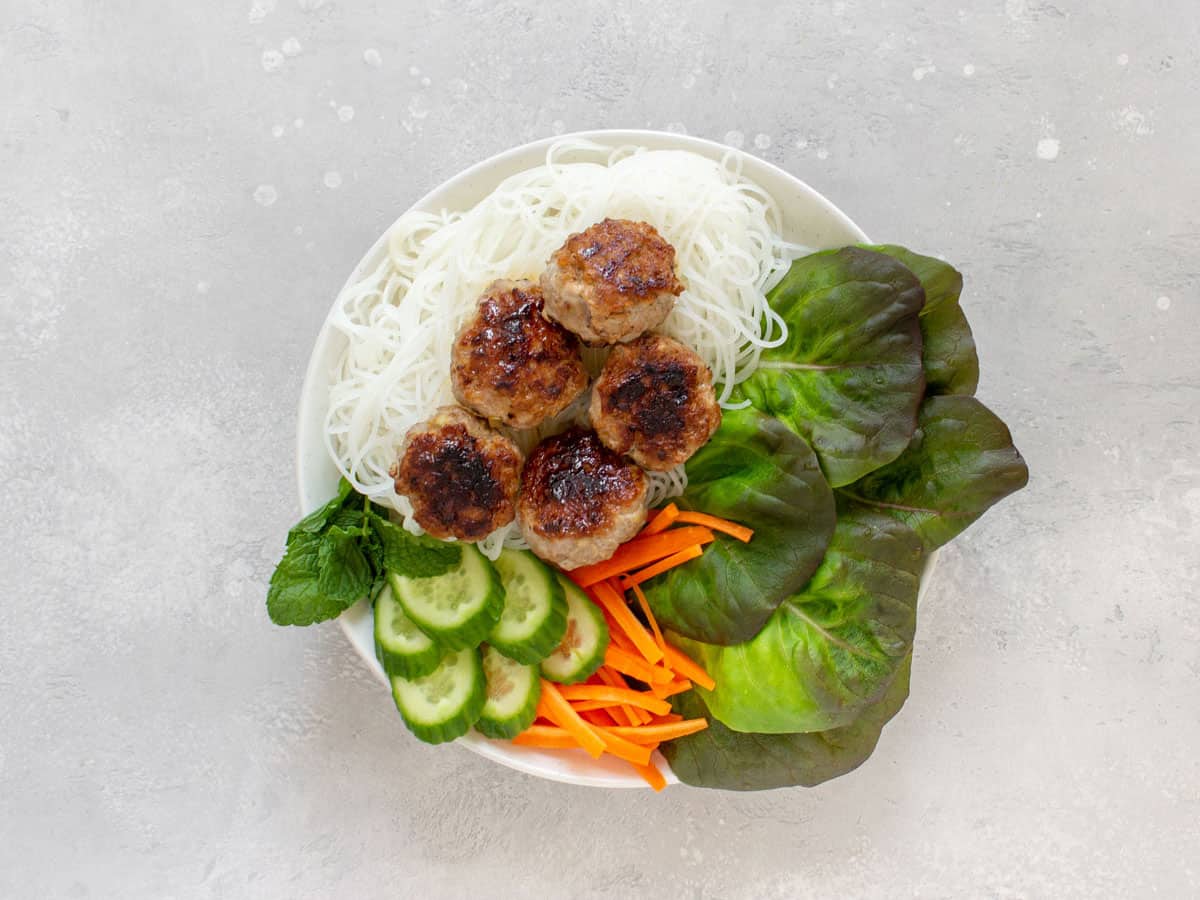 Finished Bún chả bowl from above.