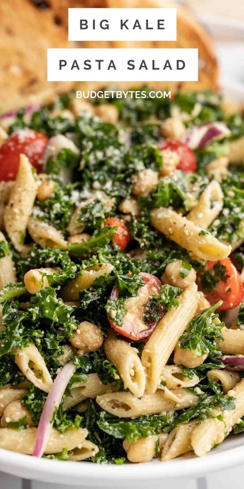 Close up side view of a big kale pasta salad.