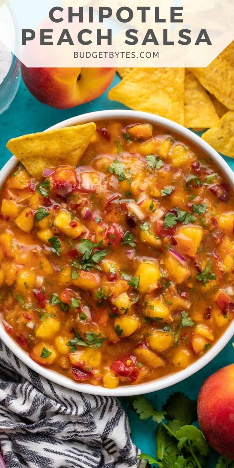 Close up overhead view of a bowl full of chipotle peach salsa.