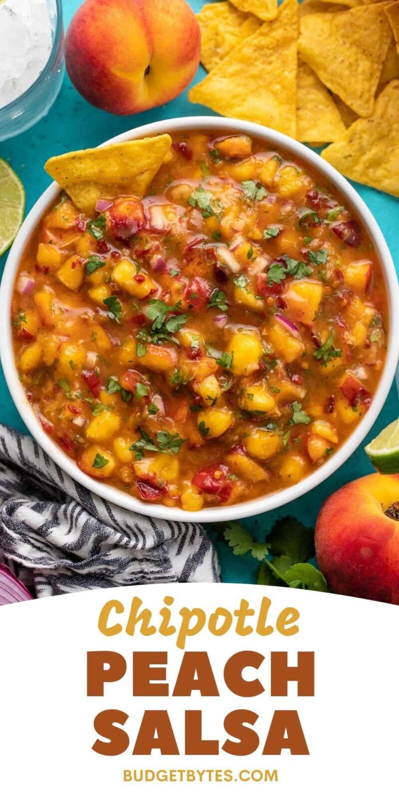 Overhead view of a bowl full of chipotle peach salsa.